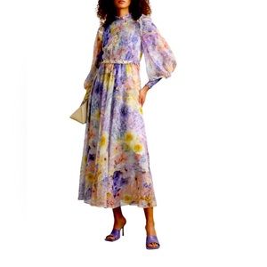 Nwot Zimmerman rhythmic shirred smocked floral silk blend belted midi dress sz 0